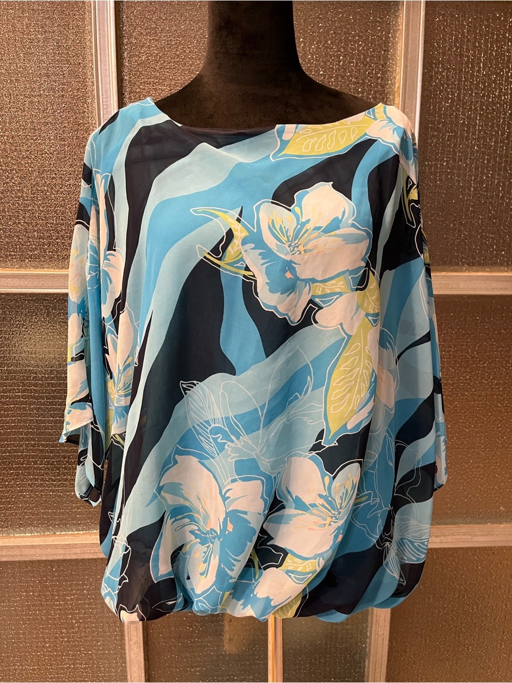 JM Collection Blue Floral Boatneck Chiffon Blouse